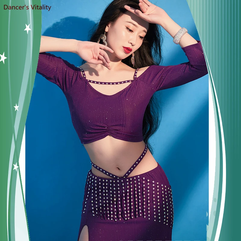 Женский костюм для танца живота топ с короткими рукавами + юбка кисточками