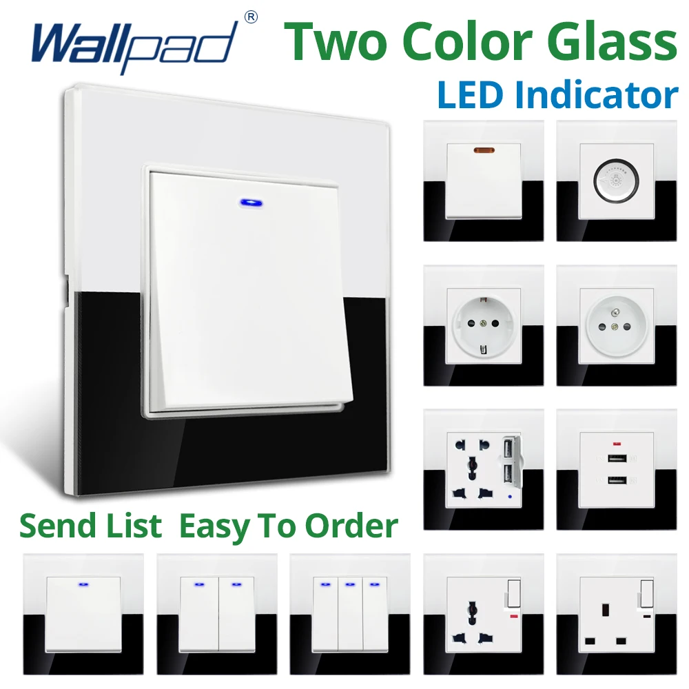 

Wallpad 1/2/3 Gang 2 Way Wall light Switch White Black Tempered Glass Panel With EU Socket LED Indicator USB Outlet AC220V