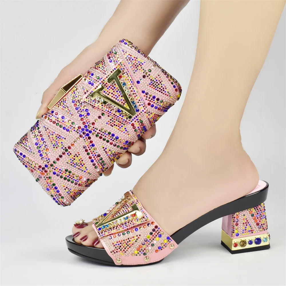 

Новая стильная вечерняя Обувь с украшением из кристаллов на высоком каблуке, нигерийская модная женская обувь и сумка для вечеринки, свадьб...