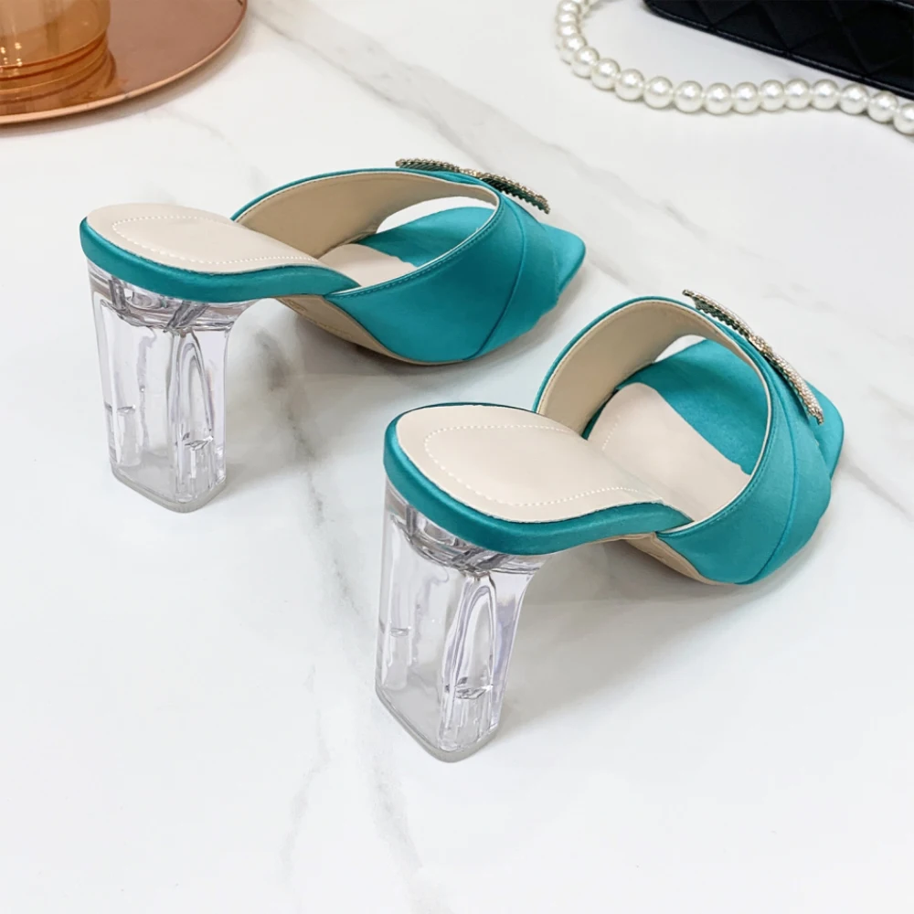 Crystal chunky mid-heel shoes open toe slippers women's summer 2023 new lazy back empty high heel flip-flops