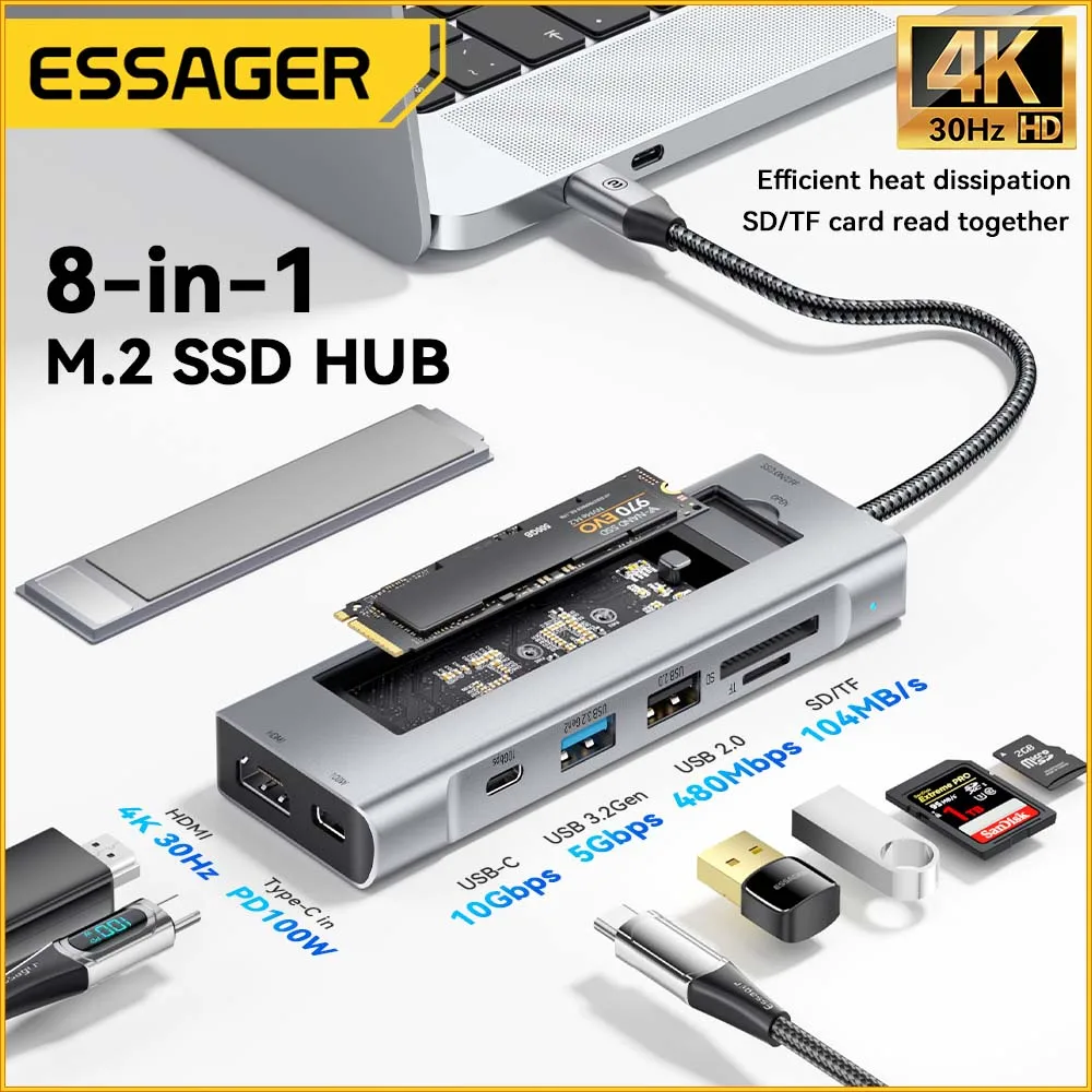 

Essager USB HUB 3.0 Multi-Port Splitter USB C to HDMI Type C Adapter Laptop Dock Station For Macbook Air M1 M2 PC Accessories