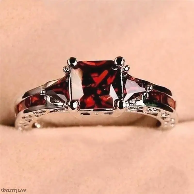 

Роскошное женское кольцо с красным квадратным камнем винтажное серебряное кольцо с квадратным Красным Кристаллом из циркония Обручальные ...