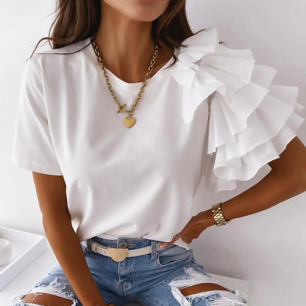 

Fashion blouse women elegant white Solid Color Layered Ruffle Short Sleeve Asymmetric Loose T-shirt Top for Summer Women Blouses