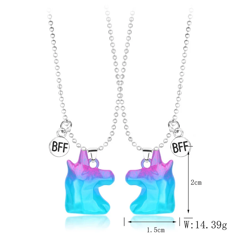 Luoluo&ampbaby 2Pcs/Set Colorful Unicorn Shape Pendant Chain Best Friends Necklace BFF Friendship Children's Jewelry Gift for Girls -