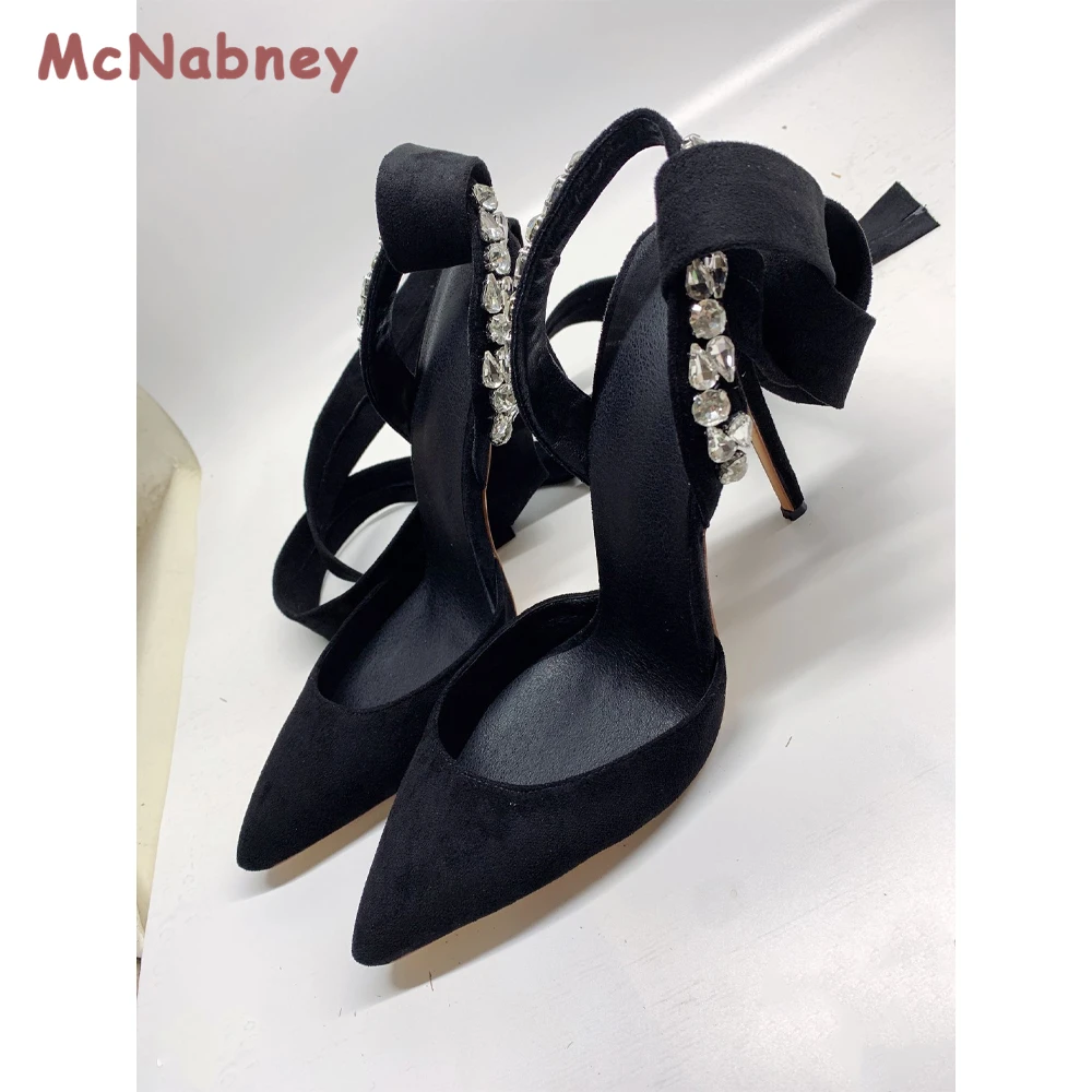2023 Summer Woman Ankle Strap Stiletto Sandals Pointed Toe High Heels Shoes Sexy Rhinestones Lace Up Party Pumps Shoes