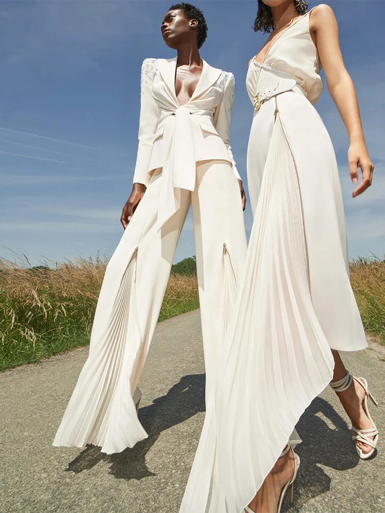 HIGH QUALITY Newest Fashion 2023 Designer Suit Set Women's Lacing Belt Blazer Pleated Zip Pants Set 2pcs Set