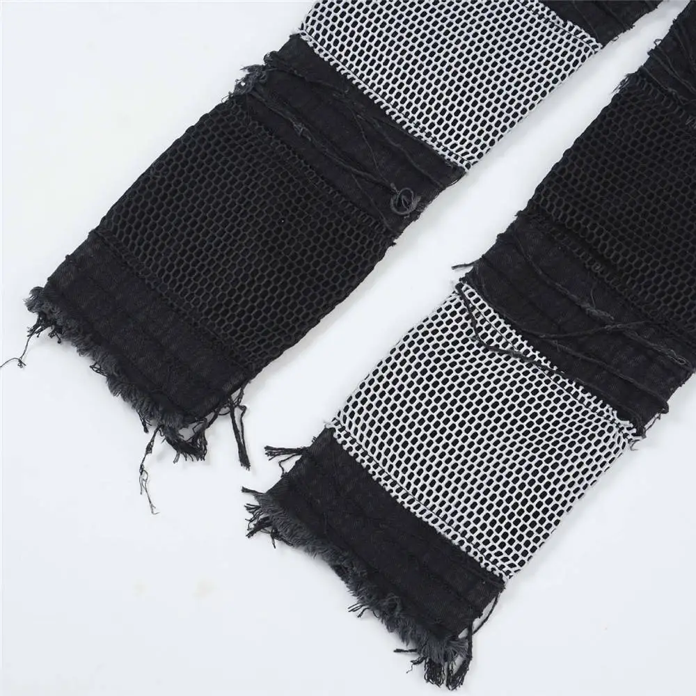 Vintage Denim Pants 2023 Men Streetwear Retro Ripped Grid Patchwork Denim Pant Jeans HipHip Casual Joggers Trousers Jeans