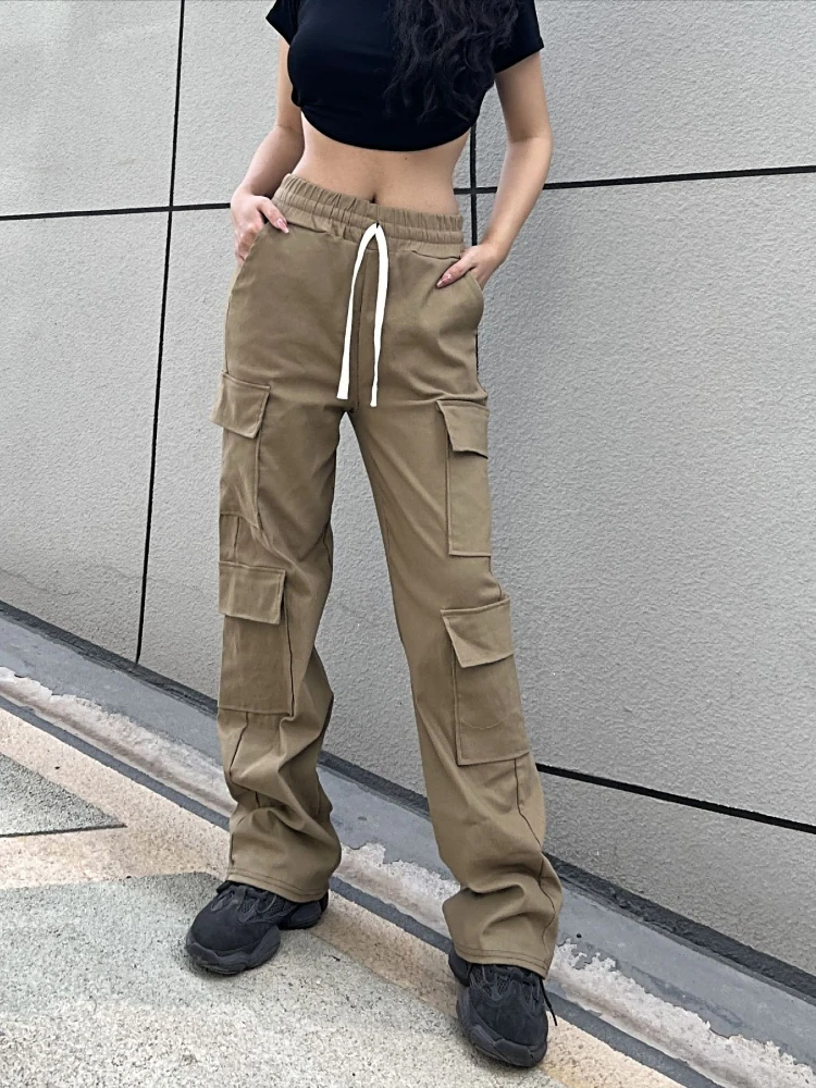 

Брюки-карго женские уличные, однотонные свободные штаны со множеством карманов, прямые модные брюки с эластичным поясом, женская одежда