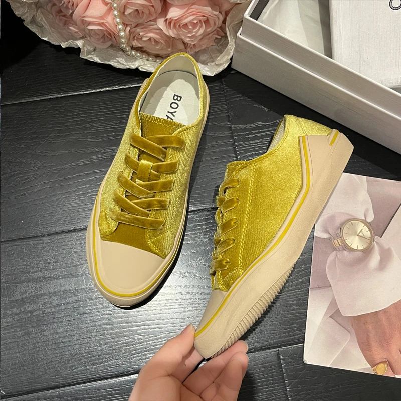 Women Luxury Velvet Sneaker Riband Lace-up Thick Sole Street Shoes Ladies High Fashion Brand Design Pink Green Velour Zapatos