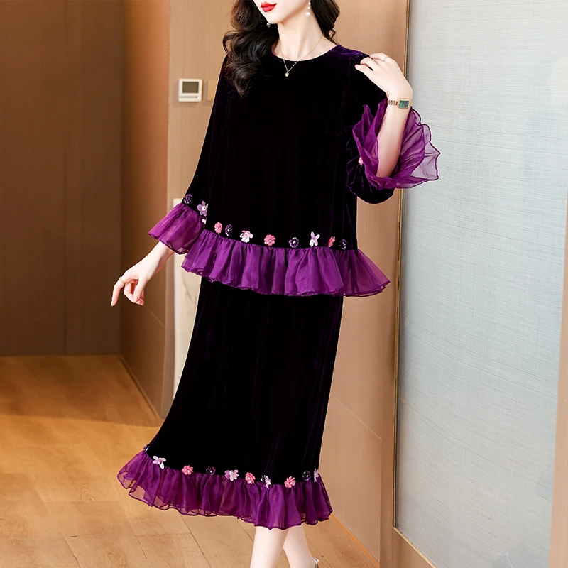 Осенний Черный бархатный топ с длинным рукавом + юбка длиной Hlaf комплект из двух