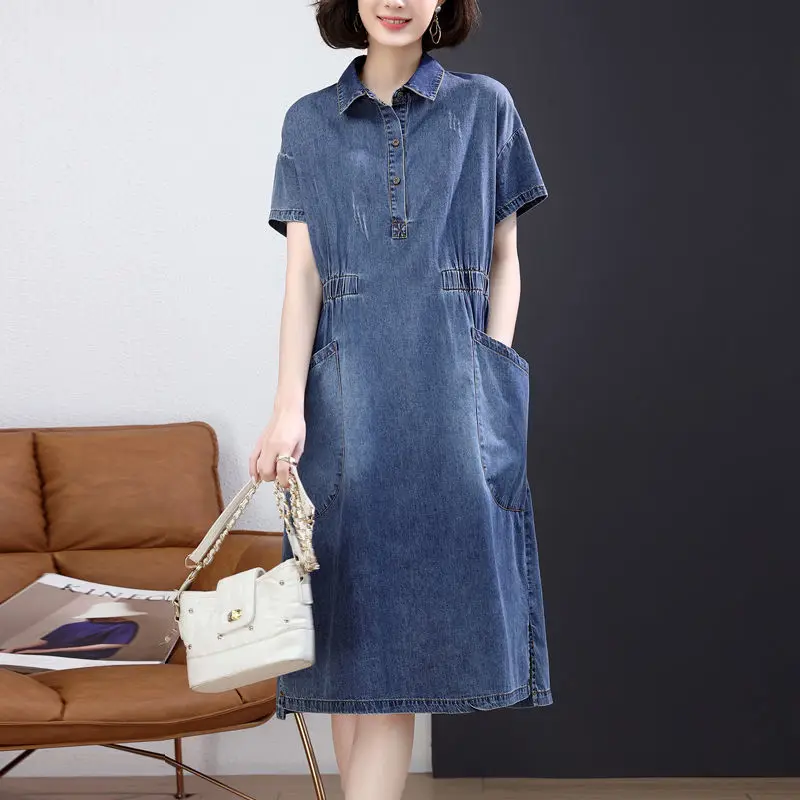 

Short Sleeve Jeans Dress Women's Clothing Summer Elastic Waist Knee Length Denim Dresses Female Buttons Casual Shirt Dress E68