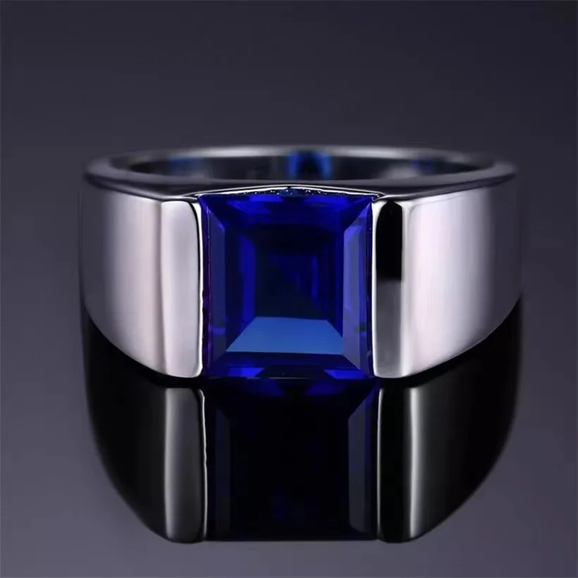 

Trendy Men Rings Silver Jewelry Geometric Sapphire Gemstone Wedding Engagement Party Finger Ring Accessories Gifts Wholesales