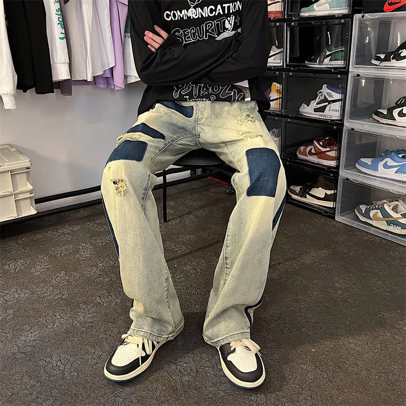 Summer Blue Ripped Baggy Jeans Men Fashion Casual Hole Straight Jeans Men Streetwear Hip Hop Loose Denim Pants Mens Trousers