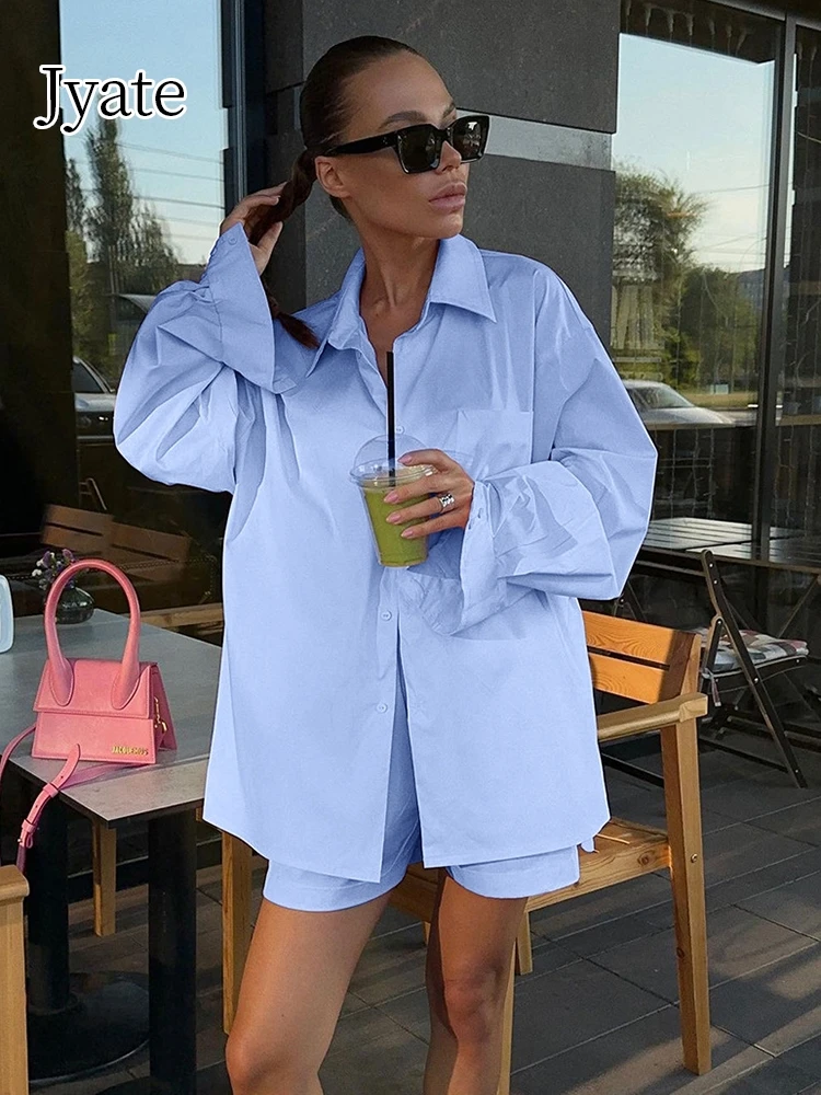 Jyate 2024 летний однотонный костюм с шортами женская рубашка отворотом и длинным