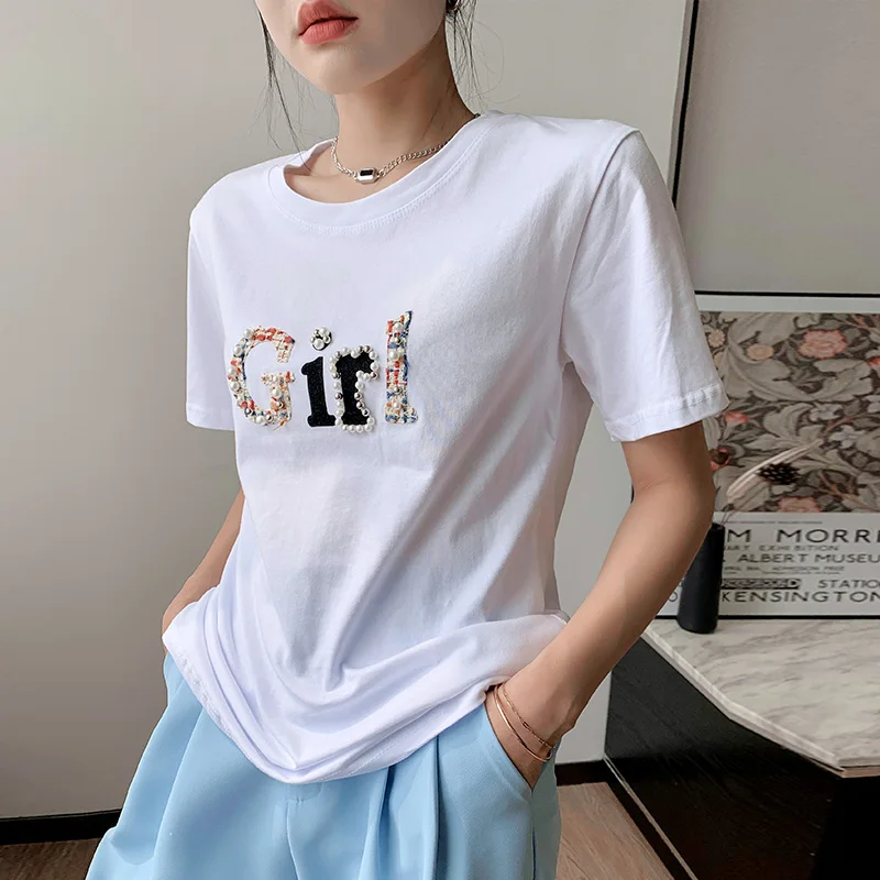 

Women Cotton Y2K Clothes Summer Letter Beading Patchwork T-shirts Korean O-neck Tops Tees Office Lady Loose T Shirts Female T026