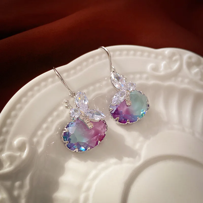 

European and American Women Gradient Colored Glaze Zircon Butterfly Oval Ear Hook Niche French Earrings