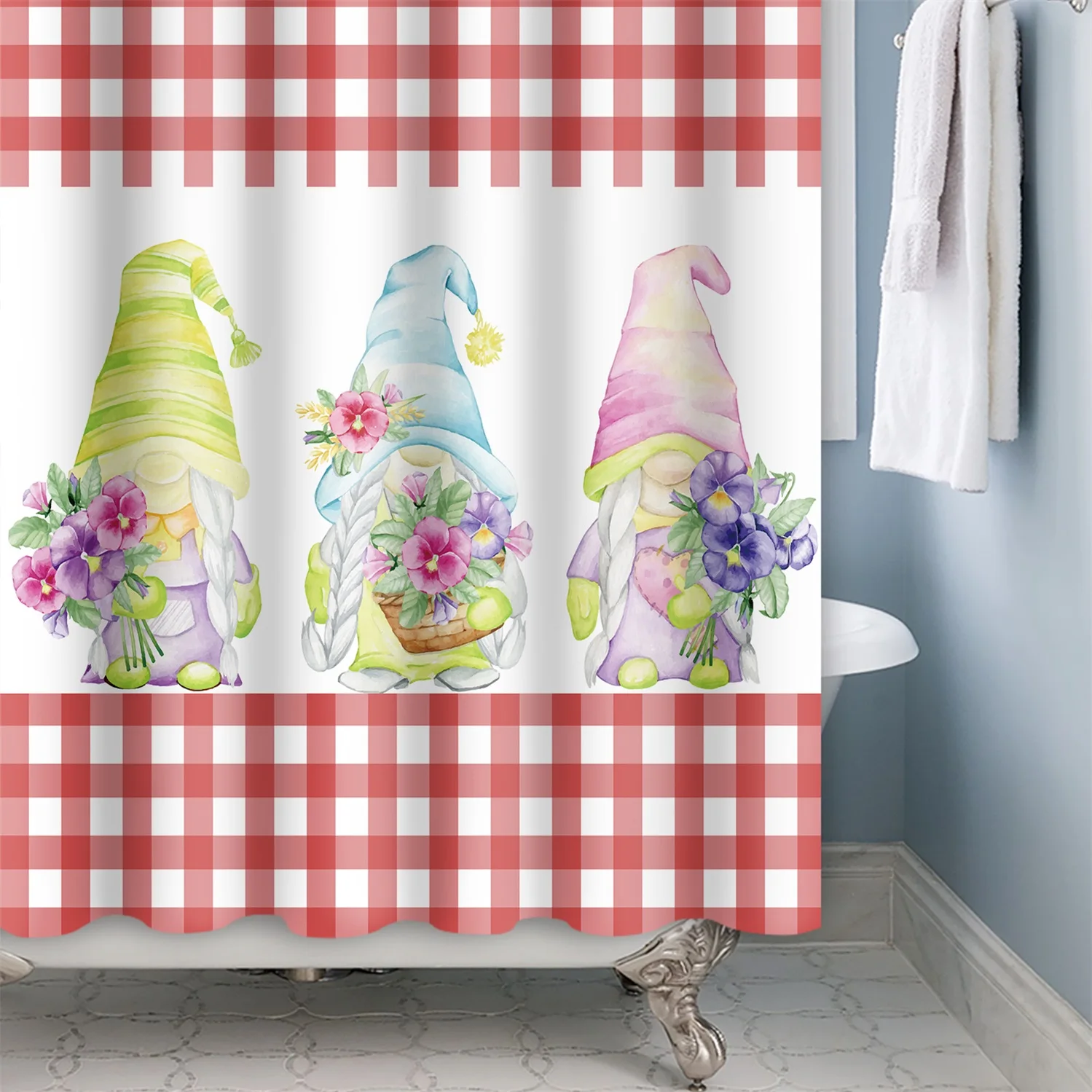 

Happy Valentine Shower Curtain Romantic Cute Elf Handing Flowers Under Loving Heart Bathroom Decor Fabric Waterproof with Hooks