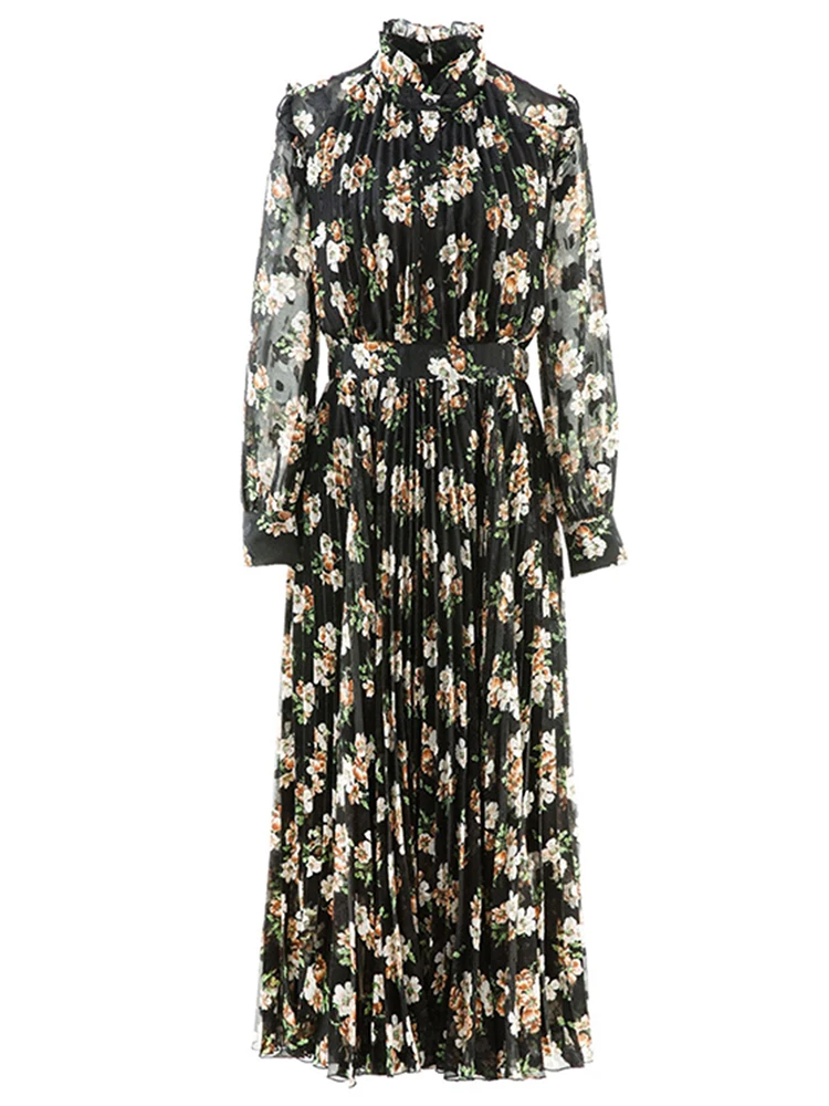 

2022 Spring Summer Silk Long Dress Women Black Fashion Flowers Printed High Quality Elegant Casual Pleated Dresses
