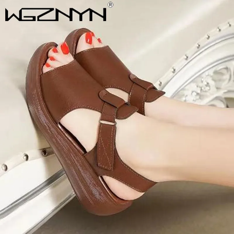 

2022 коричневые женские сандалии в стиле ретро, летняя кожаная женская обувь, новые сандалии, женская обувь на платформе и каблуке, женская об...
