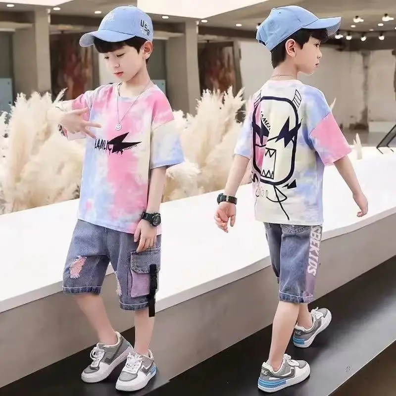 

Two-piece Children's Clothing Boy Summer Suit 2022 Short-sleeved Denim Shorts Big Boy Devil Cartoon Print Boy Clothes