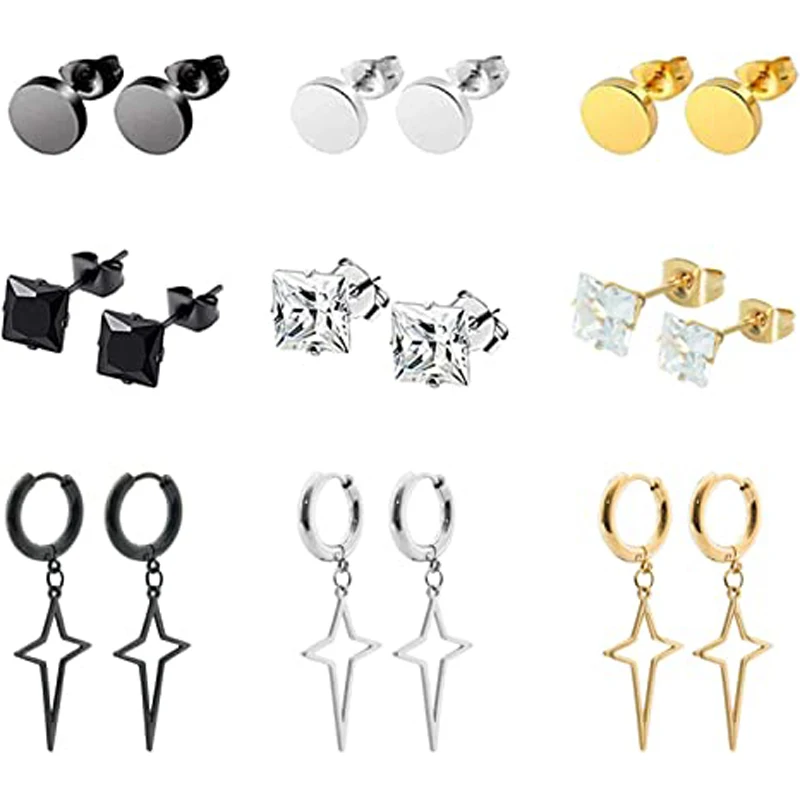 

1 Pairs/9 Pairs Men's Punk Earrings Unisex Cross Hypoallergenic Hinged Drop Earrings Stainless Steel Black Silver Gold
