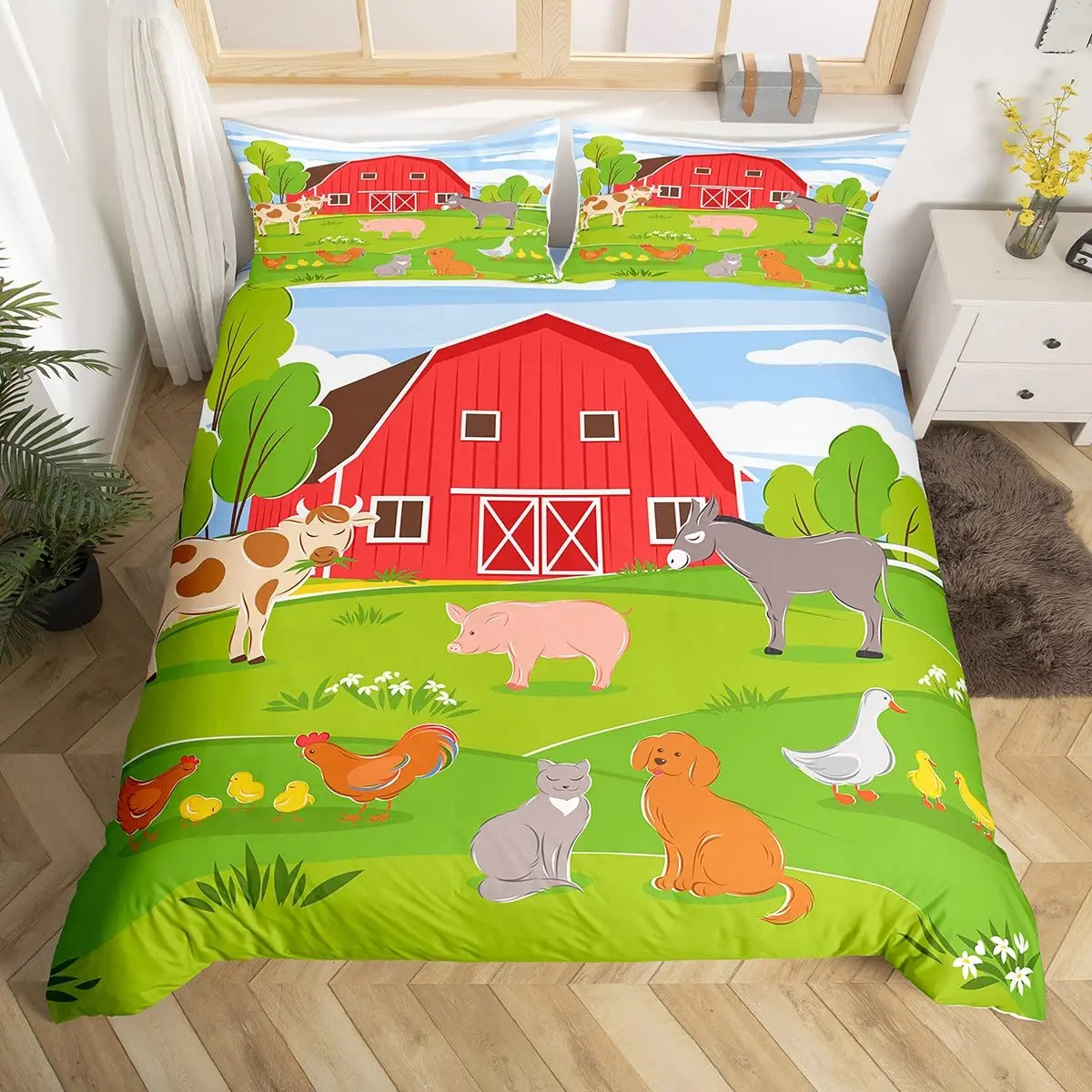 

Farmhouse Animals King Queen Duvet Cover Cute Chicken Pig Duck Dog Bedding Set Kid Cartoon Quilt Cover Polyester Comforter Cover