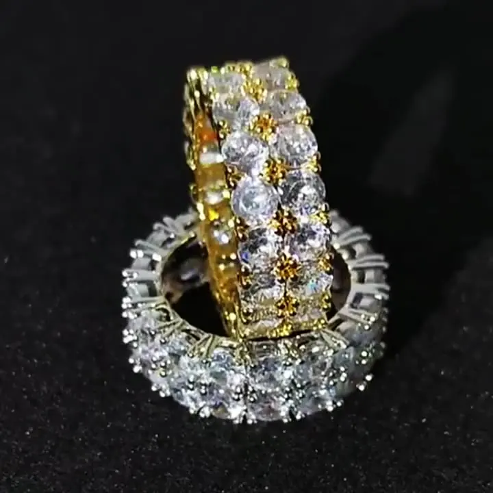 

Brass Cuban Real Gold Plating18K Gold and silver Ring Hip Hop Diamond Ring Hollow Out Double Row Zircon Hiphop Ring