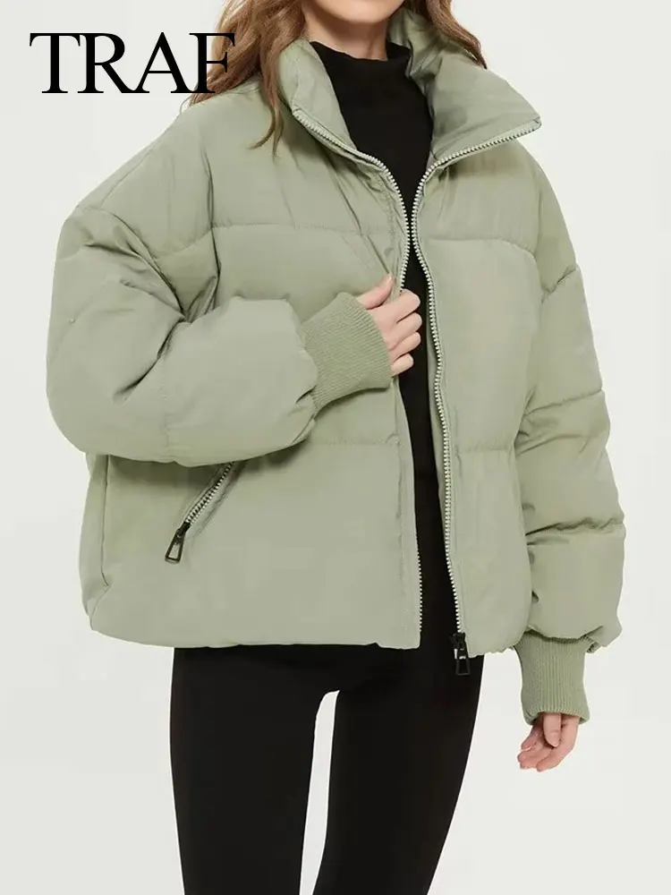 TRAF Women's Cotton Coats Warm Fashion Vintage Solid Long Sleeve High Neck Zipper Pocket Jackets Female Winter Outerwear