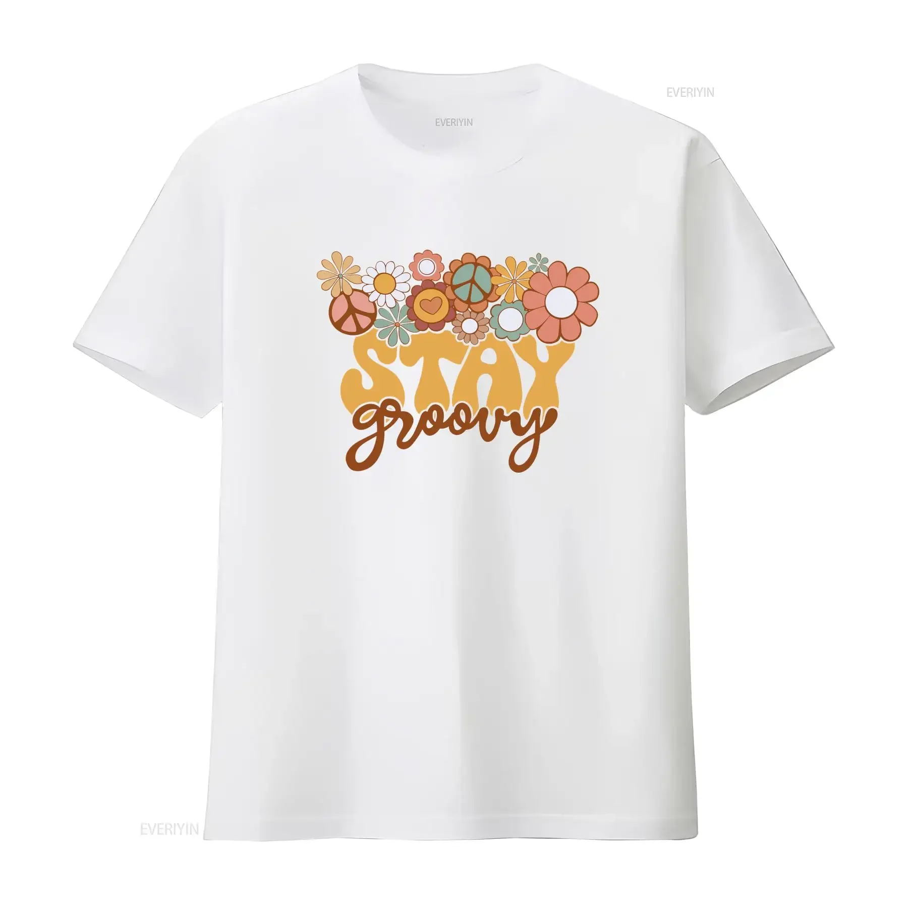 Фото Ретро футболка Stay Groovy для женщин в стиле хиппи 70-х годов, милые повседневные летние топы с цветочным принтом, винтажная стираная уличная одежда, удобная №4