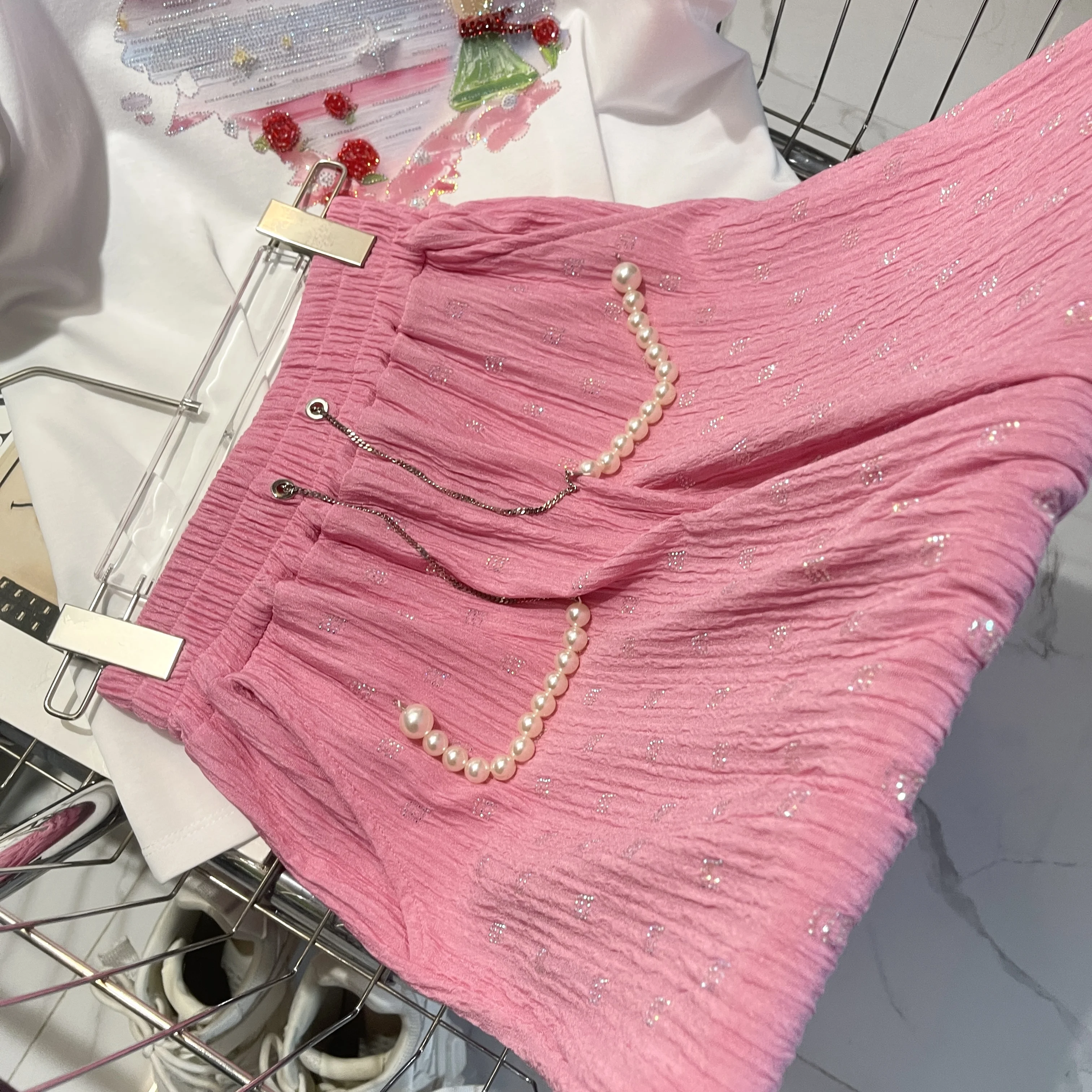 Hot Rolled Diamond Pearl Pendant Pleated Straight Pants Women's 2023 Summer New Fashion Wide-Leg Mopping Casual Pink Trouser