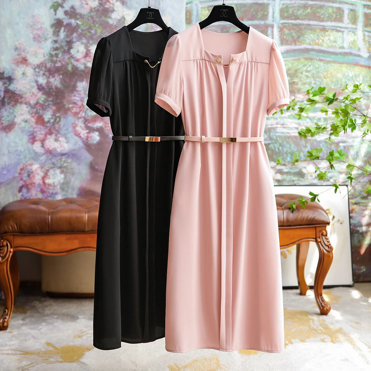 

High-quality Temperament Vinegar Acid Linen Small Square Neck Straight Waist Mid-length Dress Women Formal Commuter Solid Jupe