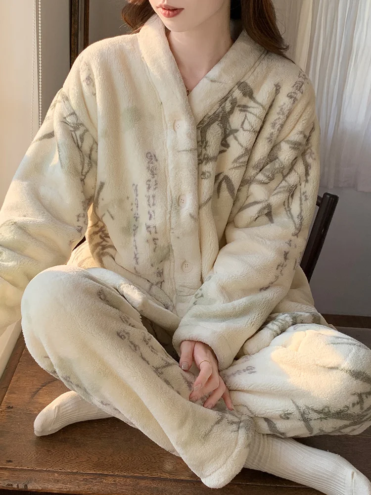 2024 New Coral Fleece Women Pajamas Autumn and Winter Days plus Velvet Thickened Home Wear National Sle Flannel Set