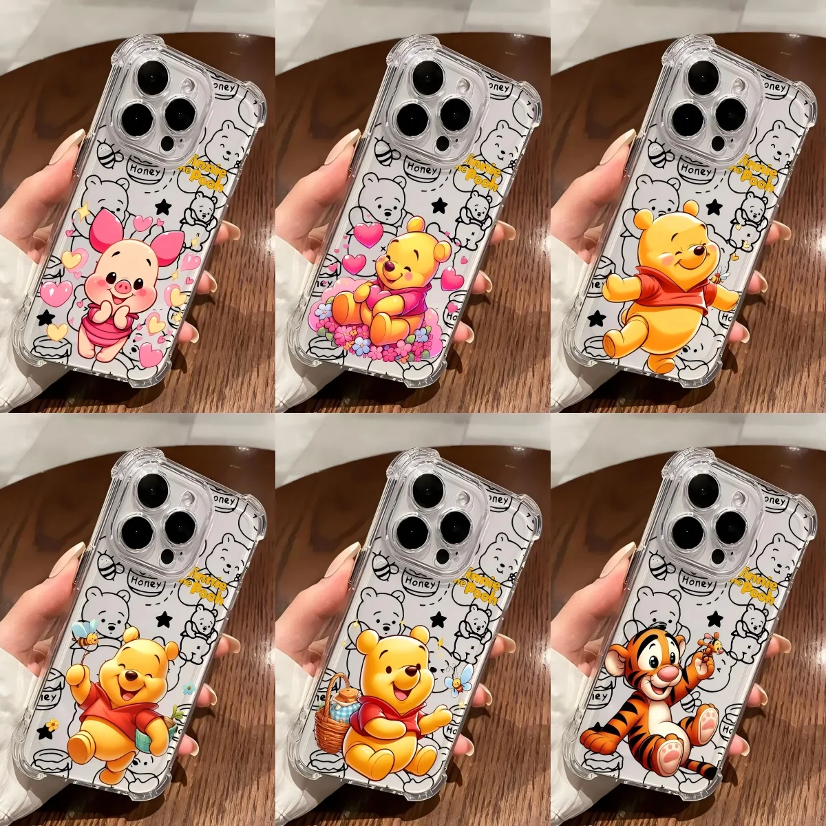Фото Милый чехол для телефона с Винни-Пухом для iPhone 17, 16e, 16, 15, 14, 13, 12, 11 Mini, Air, Pro, Max, XR, Plus, противоударный, прозрачный №1