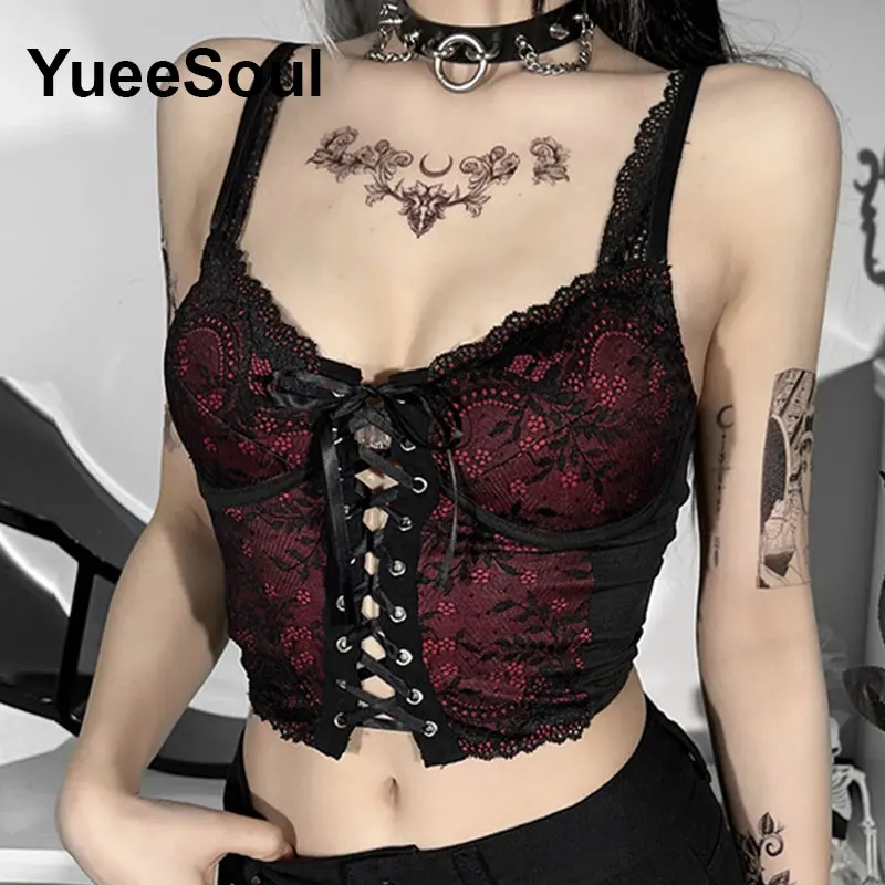 Gothic Crop Tops Black Lace Mesh Tanks 2025 New Y2K Goth Punk Grunge Fairy Core Sexy Halloween 2000s Women Clothing