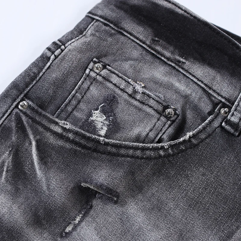 High Street Fashion Men Jeans Retro Gray Elastic Stretch Skinny Ripped Jeans Men Camouflage Patched Designer Hip Hop Brand Pants