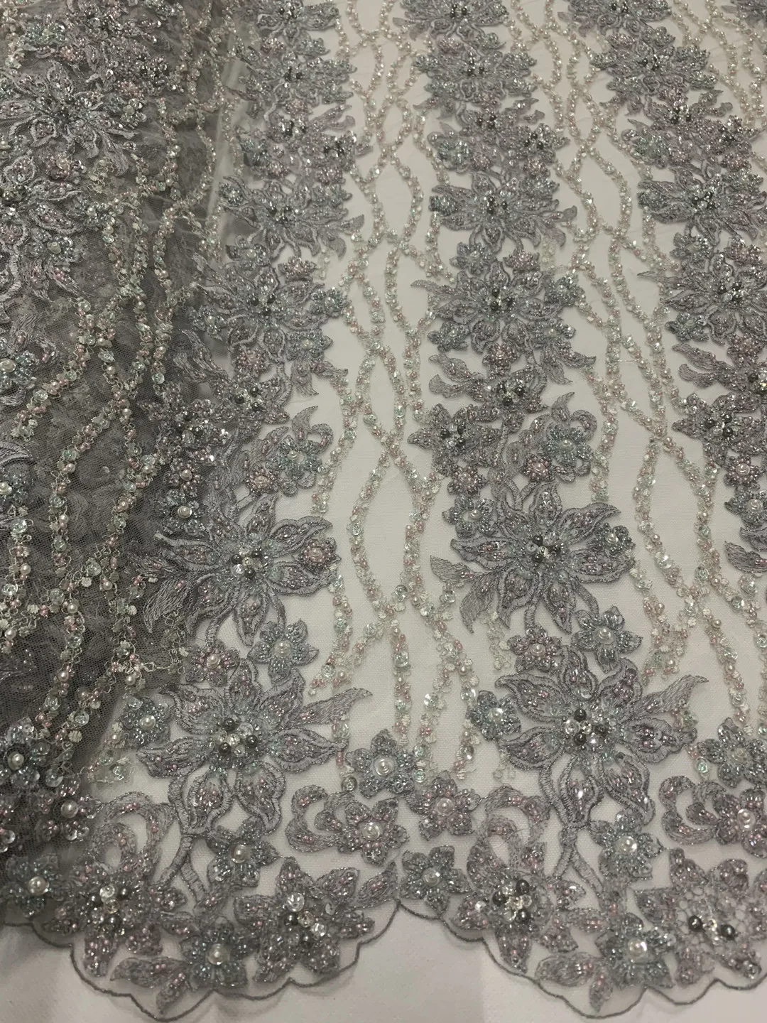Luxurious  hand-embroidery fabric Handmade stones embroidery French mesh gauze lace fabric for wedding dress evening dress
