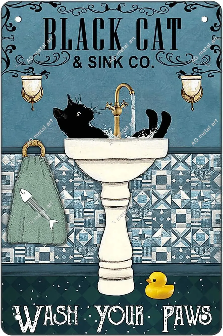 

Funny Bathroom Retro Metal Tin Sign - Black Cat Wash Your Paws - Vintage Aluminum Sign for Home Toilet Restaurant Kitchen Bar