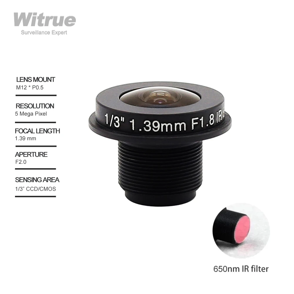 

Witrue HD 5mp Fisheye Camera Lens 1.39mm M12 X 0.5 Mount 1/3" F2.0 185 Degree with 650nm IR Filter for IP Security Cameras