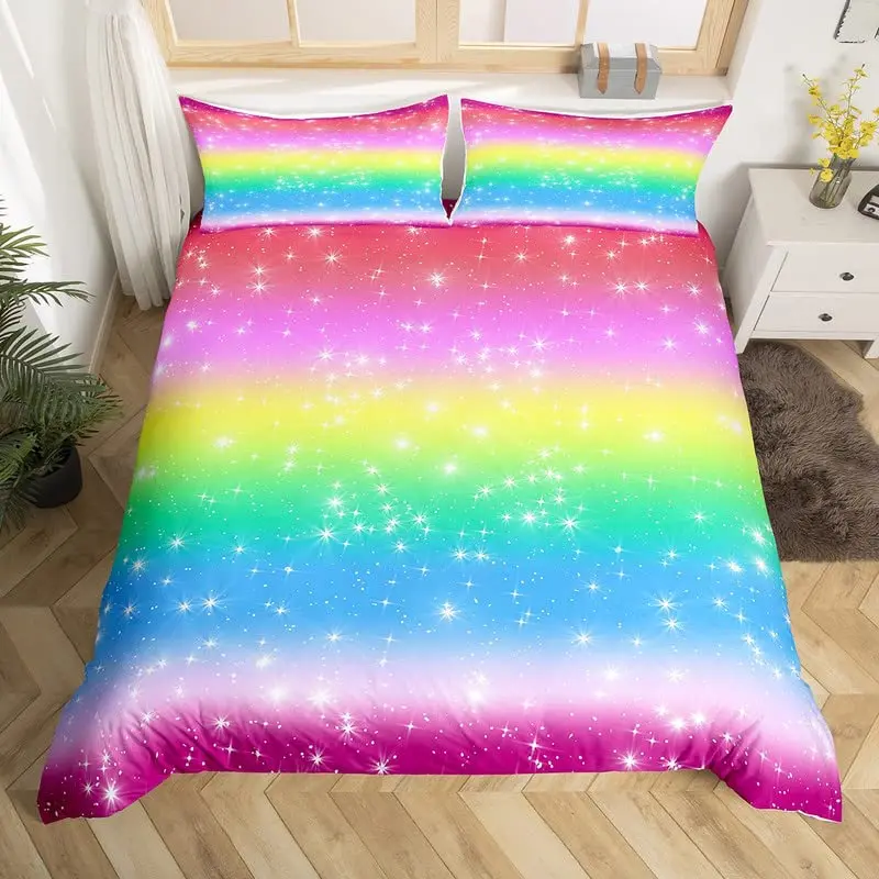 

Rainbow King Queen Duvet Cover Tie Dye Bedding Set Glitter Ombre Comforter Cover Starry Sky Pastel Sparkle Polyester Quilt Cover