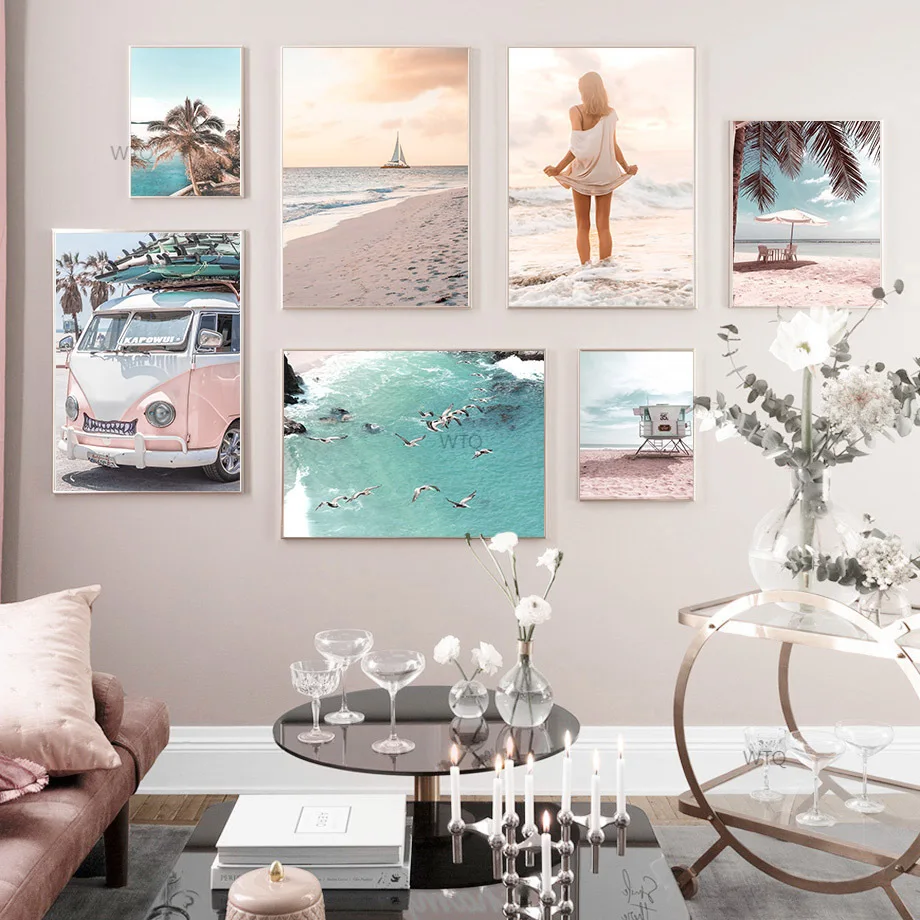 

Sea Beach Girl Bus Bird Boat Coconut Tree Wall Art Canvas Painting Nordic Posters And Prints Wall Pictures For Living Room Decor