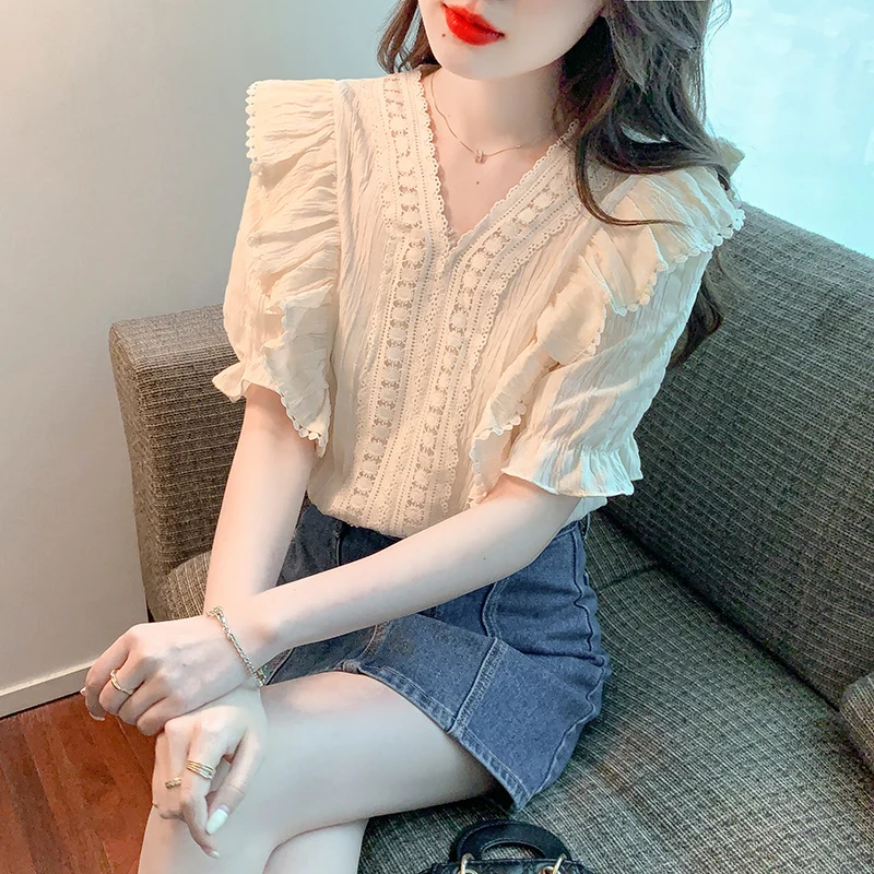

Новая летняя блузка во французском стиле, кружевная шифоновая рубашка с оборками, женский топ с коротким рукавом