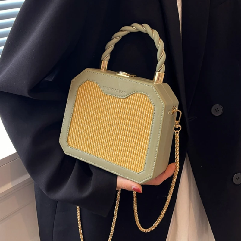 

Fashion Box Bags Short Handle Women 2022 Summer Straw with PU Leather Women Designer Handbag Luxury Brand Shoulder Messenger Bag
