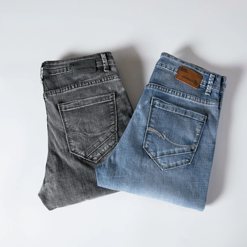 

Jeans Men Regular Fit Fashion Business Casual Stretch Light Blue Spring Straight Cut Long Trousers Large Size 40 Pantalon Homme