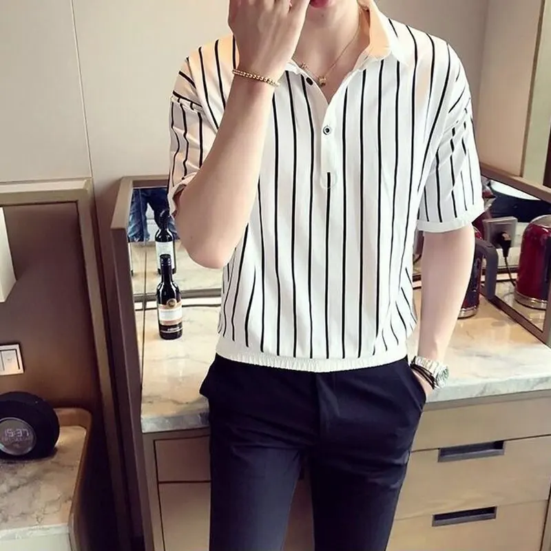 

Casual Daily Striped All-match T-shirts Men's Clothing Stylish Patchwork Summer Short Sleeve Korean Straight Button Polo Shirts
