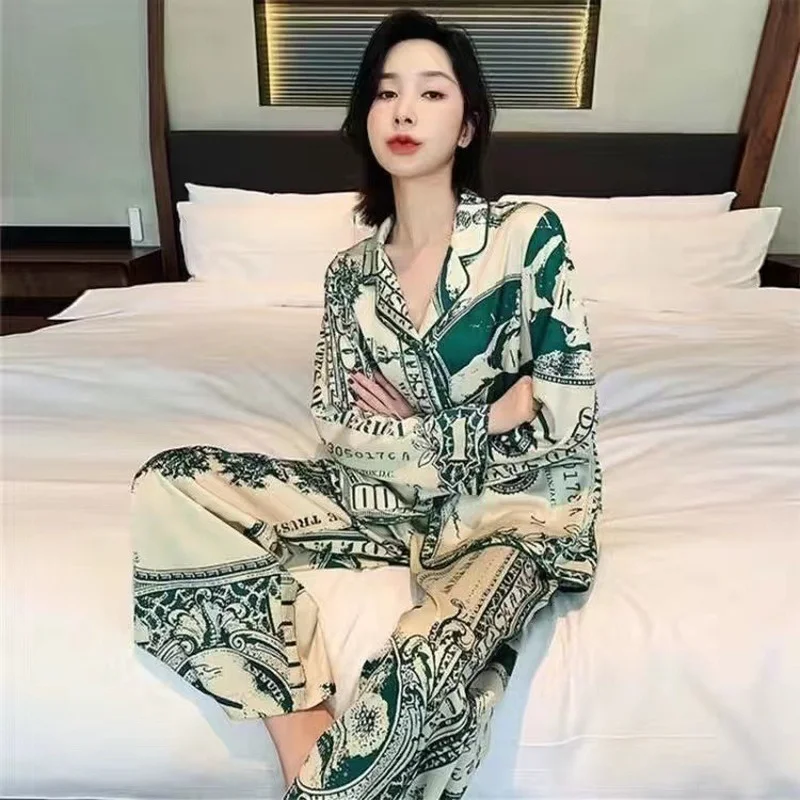 

Ice Silk Pajamas for Women 2022 New Summer British Style Cardigan Sleepwear Set Sexy Pjs Cartoon Loungewear Pijama Nightwear