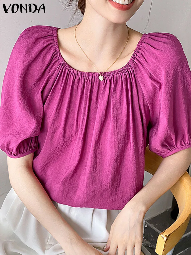 

Summer Women Tunic Tops VONDA Stylish Blouses 2023 Casual Pleated Shirts Elegant Loose Half Sleeve O-Neck Solid Color Blusas