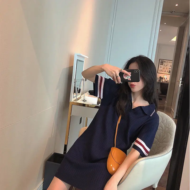 Women's Dress Spring Summer Polo Collar Navy Blue Loose Knited French Dress Fashion Striped plus Size Thread T-shirt Skirt images - 6