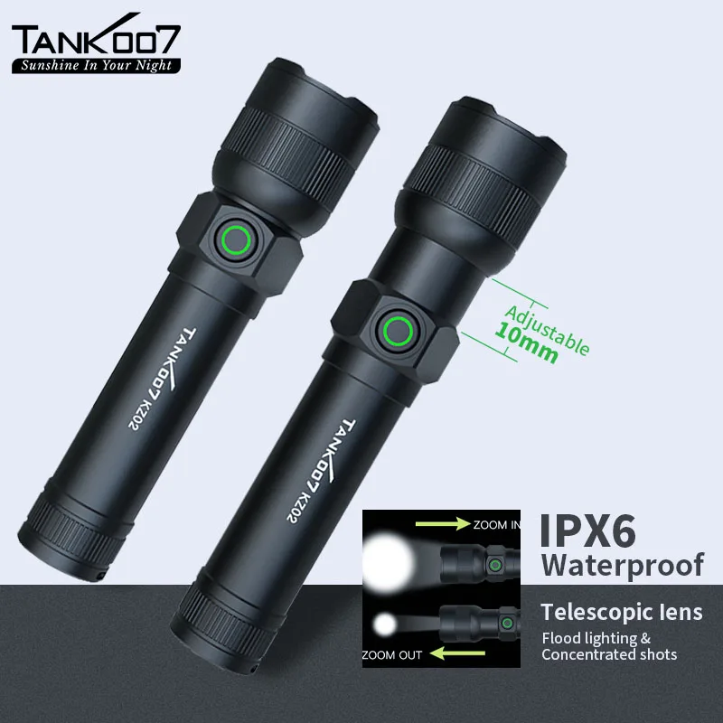 Tank007 zoomable Tactical Flashlight KZ02, USB-C Rechargeable, 10W Hight Power LED Torch with 18650 Battery for Camping, Bikes