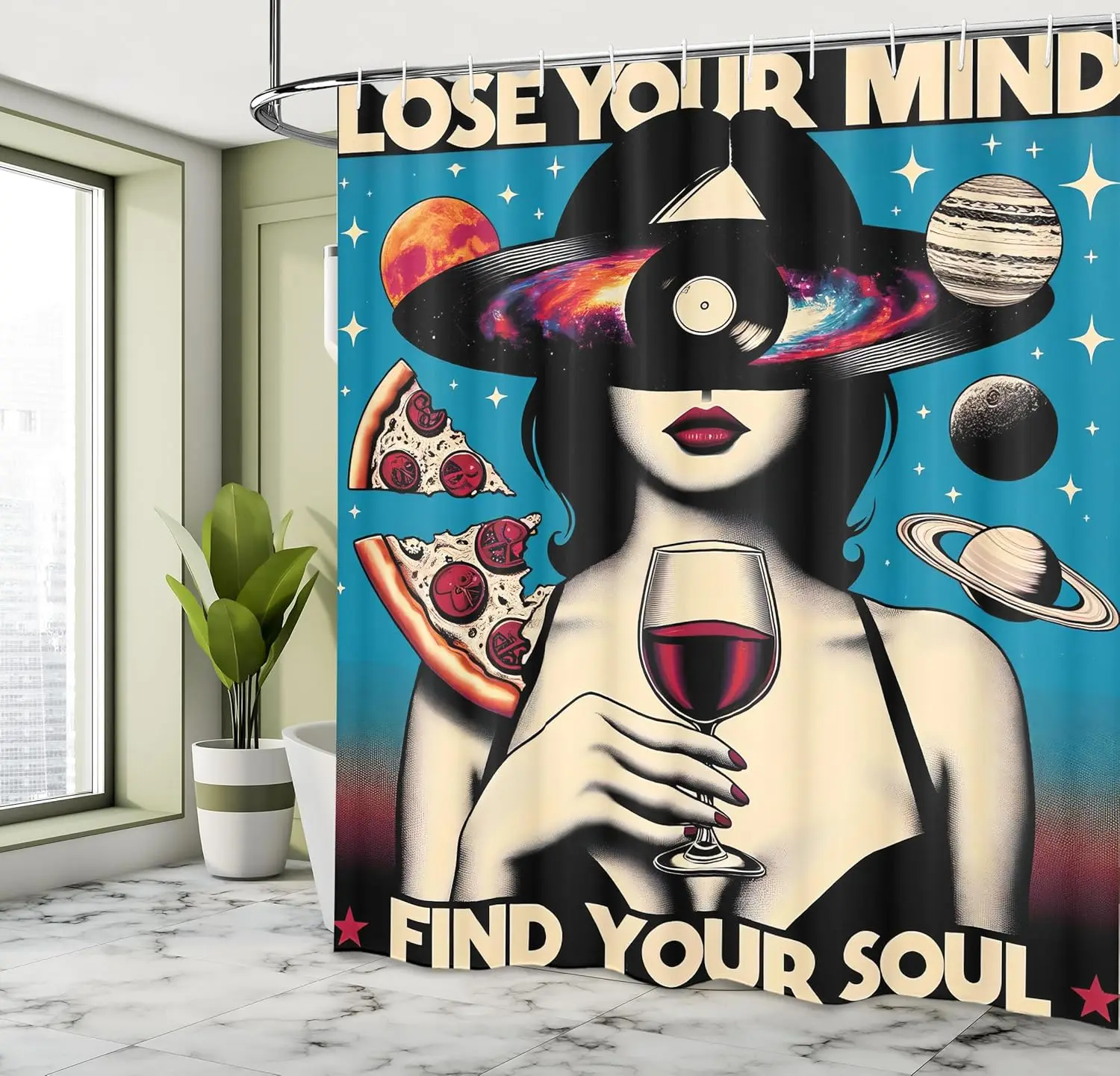 Фото Винтажная занавеска для душа, ретроспективная тема Galaxy Lose Your Mind Lettering Woman Vine Mars, тканевая ткань для ванной комнаты De №1