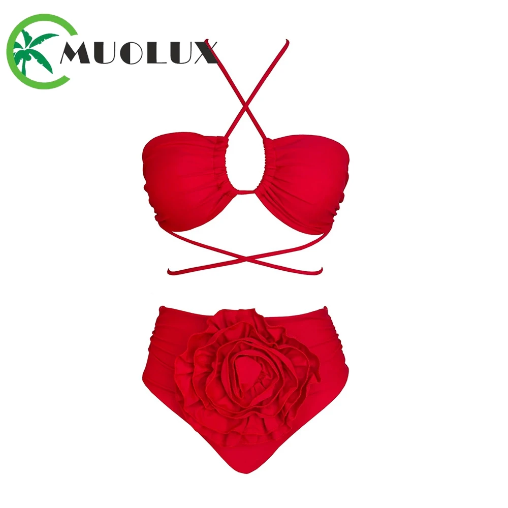 

MUOLUX 2023 Sexy Red 3D Flower Sexy Two-Pieces Women Lace Up Push-Up High Waist Bikini Set Swimsuit Swimwear BathingSuit Biquini